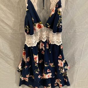 Navy floral dress with lace and open back